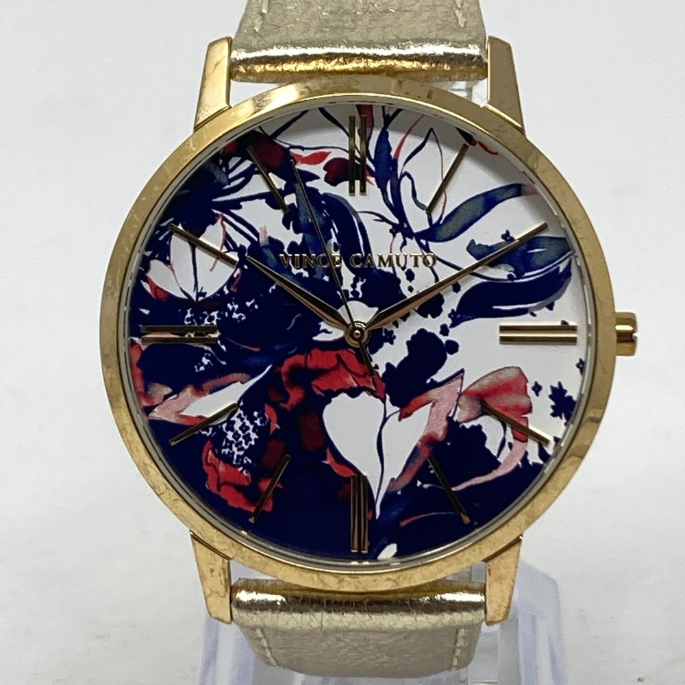 Vince Camuto Watch Women 40mm Gold Tone Floral Dial Leather New Battery 8.25"